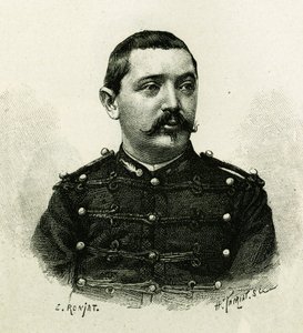 صورة للكابتن بيتري ، من سلاح المدفعية البحرية ، أثناء الرحلة الاستكشافية إلى إفريقيا 1879-1882 ، تحت قيادة جالياني. نقش لإي رونجات ، من صورة فوتوغرافية ، لتوضيح قصة "استكشاف النيجر العليا (النيجر العليا)" (مالي الحالية) بقلم
