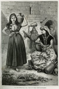 نساء يحملن أباريق بالقرب من بئر حيرام في صور. نقش لإي رونجت ، لتوضيح قصة La Syria d'aujourd'hui ، بواسطة M.Lortet ، عميد كلية الطب في ليون ، المكلف بمهمة علمية من قبل وزارة التعليم العام ، نشر