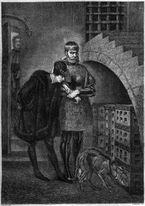 الملك لويس الحادي عشر ملك فرنسا (1423-1483) يزور السجين جان دي لا بالو (الكاردينال بالو) (1421-1491) ، ويوضع في قفص حديدي. نقش بوكور بعد لوحة جيروم