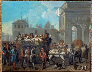 سلوك فتيات الفرح في Salpetriere ، عبور بوابات Saint Bernard مستشفى Salpetriere الحالي كان في الأصل سجنًا ودارًا للنساء. لوحة لإتيان جورات (1699-1789) 1757 خافت. 0،65 × 0،82 م باريس ، متحف السيارات بواسطة إتيان جورات