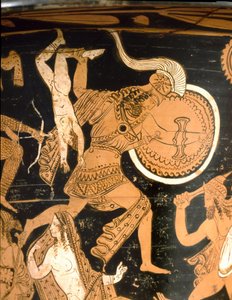 Antiquite etrusque: الحفرة الجرسية التي تمثل تدمير طروادة: التفاصيل تصور Neoptoleme وهو يرمي Astyanax ، ابن هيكتور ، على الجدران. من Falerii Veteres (Civita Castellana). 350-300 ق. روما ، متحف ناسيونالي دي فيلا جوليا بواسطة إتروسكان