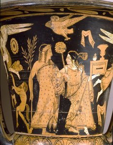 Antiquite etrusque: الحفرة الجرسية التي تمثل تدمير طروادة: التفاصيل تمثل ديونيسوس وآريان. من Falerii Veteres (Civita Castellana). 350-300 ق. روما ، المتحف الوطني لفيلا جوليا بواسطة إتروسكان