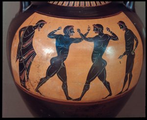الحضارة الأترورية: Terracotta amphora decoree d "une scene de pugilat ، التفاصيل 550-500 قبل الميلاد من قبر المحارب في Vulci ، إيطاليا بواسطة إتروسكان