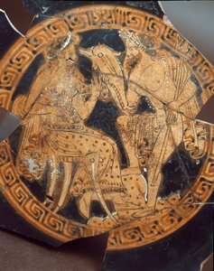 الأترورية العتيقة: تفاصيل kylix تمثل بوسيدون وأمفيتريت. من Falerii Veteres (Civita Castellana) القرن السادس قبل الميلاد. روما ، المتحف الوطني لفيلا جوليا بواسطة إتروسكان