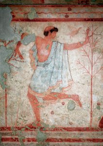 الفن الأتروسكي: اللوحات الجدارية التي تمثل مشاهد المأدبة والتفاصيل التي تمثل راقصة. قبر Triclinium. القرن الخامس قبل الميلاد. المتحف الأثري الوطني في Tarquinia إيطاليا