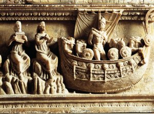 Etruscan civilization, alabaster urn, detail of relief depicting Odysseus and Sirens بواسطة إتروسكان