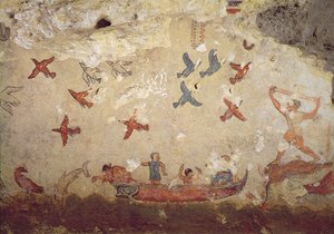 صيادون في قارب وطيور تطير ، من مقبرة الصيد والصيد ، c.520-510 قبل الميلاد (لوحة جدارية) بواسطة إتروسكان