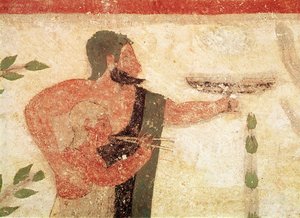 رأس لرجل وطفل يعزف على الفلوت المزدوج ، من مقبرة البارون ، c.500 قبل الميلاد تفاصيل لوحة الحائط 407470