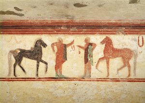 الخيول والفرسان الذين يمسكون بالزمام ، من مقبرة البارون ، ج 500 قبل الميلاد (لوحة جدارية)