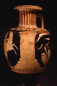 Hydria لرسام Biga Vaticana (Vatican Chariot) ، يظهر تفاصيل aedicule مع الرسام في العمل. فخار أحمر الشكل. الحضارة الأترورية ، القرن الرابع قبل الميلاد. بواسطة إتروسكان