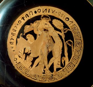 الحضارة الأترورية: تفاصيل kylix تمثل Ariane (Ariadne) و Dionysus. من مقبرة فاليري فيتريس. روما ، فيلا جوليا