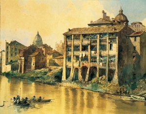 إيطاليا ، روما ، المنازل القديمة على طول نهر التيبر ، بواسطة Ettore Roesler Franz ، Watercolor