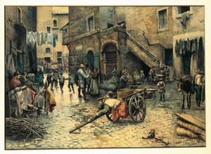 إيطاليا ، روما ، حياة الشوارع في طريق كابوتشيوتو في الغيتو (اليهودي) في روما ، رسم إيتوري روسلر فرانز ، ألوان مائية
