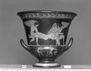 العلية كراتر ذات الشكل الأحمر التي تصور Hypnos و Thanatos تحمل جسم Sarpedon (سيراميك) بواسطة رسام الافخاريد