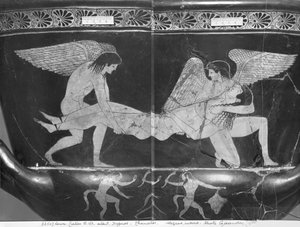 العلية كاليكس كراتر حمراء الشكل تصور Hypnos و Thanatos تحمل جثة ساربيدون بواسطة رسام الافخاريد