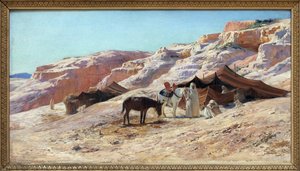 المعسكر ، لوحة زيتية على قماش رسمها يوجين جيرارديت (1853-1907) ، مخيم لمجموعة من الرحالة العرب (البدو) في منظر طبيعي من الكثبان الرملية. خافت. 50x60 سم. تصوير ، كيم يونغتاى ، نانت ، متحف الفنون الجميلة في نانت.