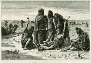 سوف تستمر على القدمين. نقش يوجين جيرارديت ، لتوضيح قصة Cinq mois chez les moures nomades du Sahara occidental ، في عام 1887 ، بواسطة كاميل دولز ، في le tour du monde 1888 ، تحت إشراف Edouard Charton (1807-1890) ، Hachette ، باريس. بواسطة يوجين الكسيس جيرارديت