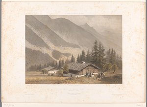منظر لمنزل جاك بلمات بالقرب من شاموني Maison de Jacques Balmat (العنوان على الكائن) مشاهد في سويسرا وسافوي وتيرول (عنوان المسلسل) La Suisse و la Savoie et le Tyrol (عنوان المسلسل على الكائن)