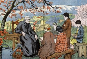 كاهن وشباب المستقبل الذين سيأخذون القربان ، في حديقة ، رسم بواسطة Damblans من الورق "Le Pelerin" في 17 مايو بواسطة يوجين دامبلانز