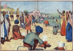 أسبوع العصيان المدني في الهند ضد الإمبراطورية البريطانية: على شاطئ بومباي ، يغلي غاندي (1869-1948) وأنصاره مياه البحر للحصول على الملح في انتهاك لقانون غابيل. تشجعهن النساء بترديد هذه الجوقة: "اكسري ، اكسري قانون الملح ، بواسطة يوجين دامبلانز