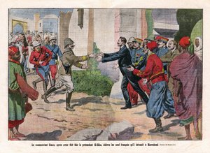 أحداث المغرب ، التي استولت عليها قوات هوبرت (لويس هوبير غونزالفي) ليوتي (1854-1934) وتشارلز مانجين (1866-1925) من مراكش. أفرج القائد سيمون ، بعد أن هرب من المدعي الهبة (الهبة) (أحمد الهبة) ، عن التسعة. بواسطة يوجين دامبلانز