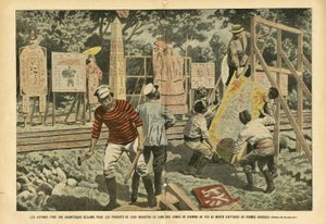 رسم توضيحي لـ Eugene Damblans (1865-1945) في Le Pelerin ، 03/09/05 - قدم اليابانيون مطالبة هائلة لمنتجات صناعتهم على طول خطوط السكك الحديدية مع ملصقات بأشكال مختلفة - الإعلان ، اليابان ، قطار السكك الحديدية ، ملصقات الملصقات بواسطة يوجين دامبلانز