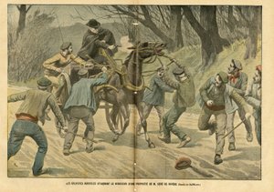 رسم توضيحي لـ Eugene Damblans (1865-1945) في Le Pelerin ، 31/01/04 - يهاجم المزارعون المزارعون المسجل لممتلكات M. Sere de Riviere - اجتماعية ، حقائق مختلفة ، Greve ، النقل ، الزراعة ، الغابات ، Caleche Fiacre Cab - عامل خيول خيول ، بواسطة يوجين دامبلانز