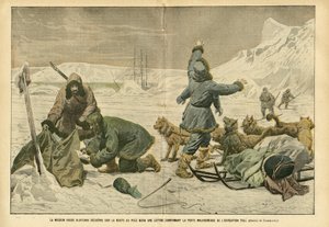 رسم توضيحي لـ Eugene Damblans (1865-1945) في Le Pelerin ، 02/04/05 - اكتشفت البعثة الروسية Klotchak على طريق القطب الشمالي رسالة تؤكد الخسارة المؤسفة للرحلة الاستكشافية - القطب الشمالي والجنوبي ، الرحلات الاستكشافية القطبية ، الجليد ، زلاجة تراي بواسطة يوجين دامبلانز