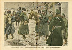 رسم توضيحي لـ Eugene Damblans (1865-1945) في Le Pelerin ، 05/03/05 - الجنرال كوروباتكين ، القائد العام للقوات المسلحة الروسية في منشوريا ، يتلقى تقريرًا من أحد مساعديه - روسيا ، أرميا ، منشوريا ، روسيا -حرب يابانية ، ثلج - عام بواسطة يوجين دامبلانز