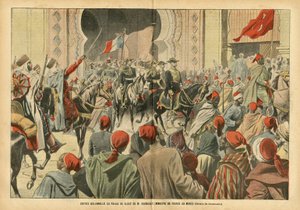 رسم توضيحي لـ Eugene Damblans (1865-1945) في Le Pelerin ، 20/10/07 - الدخول الرسمي إلى قصر الرباط من قبل السيد ريغنولت ، وزير فرنسا في المغرب - مستعمرات الاستعمار الاستعماري ، الهندسة المعمارية الحضرية ، المغرب ، زيارة رسمية - ريغنولت يوجي