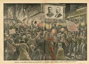 رسم توضيحي لـ Eugene Damblans (1865-1945) في Le Pelerin ، 20/11/04 - في نيويورك ، يهتف الحشد لرئيس الولايات المتحدة المعاد انتخابه ونائب الرئيس ، الذي يعيد إنتاج الملامح بشفافية - أمريكا الولايات المتحدة ، الانتخابات ، الهندسة المعمارية أورباني بواسطة يوجين دامبلانز