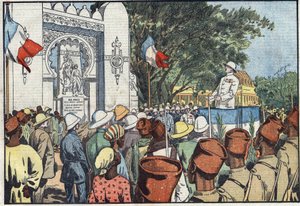 تدشين وزير المستعمرات أندريه ماجينو (1877-1932) في داكار النصب التذكاري لثلاثين ألف قتيل من غرب إفريقيا الفرنسية. رسم توضيحي لـ Damblans. في "" Le Pelerin "بتاريخ 10 مارس بواسطة يوجين دامبلانز