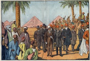 الملك أمان الله ملك أفغانستان (1892-1960) يزور أهرامات مصر ، برفقة حراسة من المهاريين. القاهرة، مصر. رسم توضيحي لـ Damblans. في "" Le Pelerin "بتاريخ 22 كانون الثاني (يناير) بواسطة يوجين دامبلانز