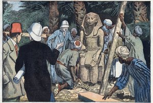 تكتشف البعثة الأثرية الفرنسية تمثالًا لمراهق سيزوستريس الثالث سيُحضر إلى متحف اللوفر. مدامود ، طيبة القديمة ، مصر. رسم توضيحي لـ Damblans. في "" Le Pelerin "بتاريخ 22 تشرين الثاني (نوفمبر) بواسطة يوجين دامبلانز