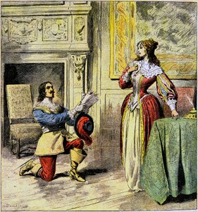 ركع الفارس في Artagnan عند قدمي الملكة آن من النمسا لإرجاع رسائلها - رسم توضيحي من Damblans لرواية "Ving ans Apres" للكاتب ألكسندر دوما في "Journal of Illustrous Folk Romans" "بداية القرن العشرين