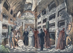 عالم الآثار جيوفاني باتيستا دي روسي (1822-1894) يجعل البابا بيوس التاسع يزور سرداب الباباوات الذي اكتشفه للتو (1852) - رسم توضيحي للدمبلان في "" le-Pelerin "" 1923