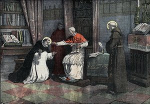 "نزاع القربان المقدس": القديس توما الأكويني ، البابا أوربان الرابع والقديس بونافنتورا. (San Tommaso d