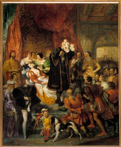ولادة الملك هنري الرابع في 13-12-1553 في قصر دو باو جين الثالث ، المعروف باسم جين د "ألبريت ، ولادة الملك المستقبلي ويظهر للزوار من قبل والده أنطوان دي بوربون