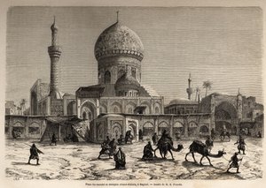 ساحة ماركي ومسجد أحمد خييا في بغداد رسمهما يوجين فلاندين (1809-1876) لتوضيح رحلته إلى بلاد ما بين النهرين في 1840-1842. نقش في "" Le Tour du monde "" 1861. مجموعة سيلفا.