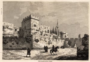 قصر الأساتذة العظماء في رودس ، رسمه يوجين فلاندين ، لتوضيح رحلته إلى جزيرة رودس في عام 1844. نقش في "" Le tour du monde "، تحرير إدوارد شارتون