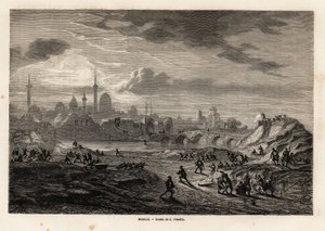 منظر للموصل (العراق) ، على ضفاف نهر النمر ، رسمه يوجين فلاندين ، لتوضيح الرحلة الاستكشافية إلى نينوى ، من 1844 إلى 1860 ، فيفيان دو سانت مارتن. نقش في "" Le Tour du monde "، تحرير إدوارد شارتون