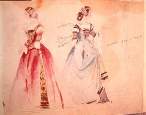 تصميمان للأزياء النسائية في وقت إنشاء "Les Caprices de Marianne" بواسطة ألفريد دي موسيه (1810-1857) (ألوان مائية على الورق)