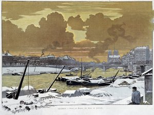 Le pont de Sully, in Paris covered snow, one evening of January 1886 - by Grasset بواسطة يوجين جراست