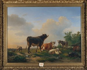 ثور ، بقرة ، حمار ، ماعز ، خروف ، دواجن في منظر طبيعي واسع ، 1849