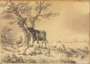 منظر طبيعي مع حيوانات وفتى في شجرة ، 1866.