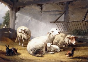 الأغنام والأرانب والدجاج في الحظيرة ، 1859