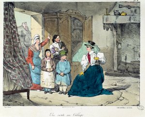 زيارة القرية. امرأة غنية تزور أسرة فقيرة. رسم توضيحي لكتاب "La vie de chateau". نقش يوجين لويس لامي (1800-1890) بواسطة يوجين لويس لامي