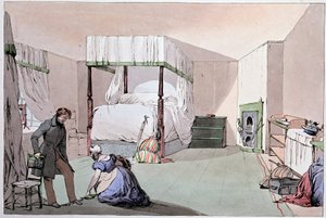 النزل: خادمة تساعد الزبون على ارتداء الأحذية. رسم إيوجين لويس لامي (1800-1890) ، منتصف القرن التاسع عشر بواسطة يوجين لويس لامي