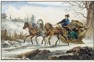 مزلقة الحصان ، مع مأوى للمسافرين. (ترويكا كيبيتكا). عمل من قبل يوجين بلوشارد (1809-1880) ، طباعة حجرية وألوان مائية
