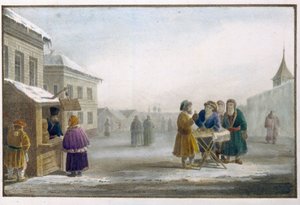 بائع تبغ متجول أمام متجر تبغ في روسيا. عمل من قبل يوجين بلوشارت (1809-1880) ، طباعة حجرية وألوان مائية